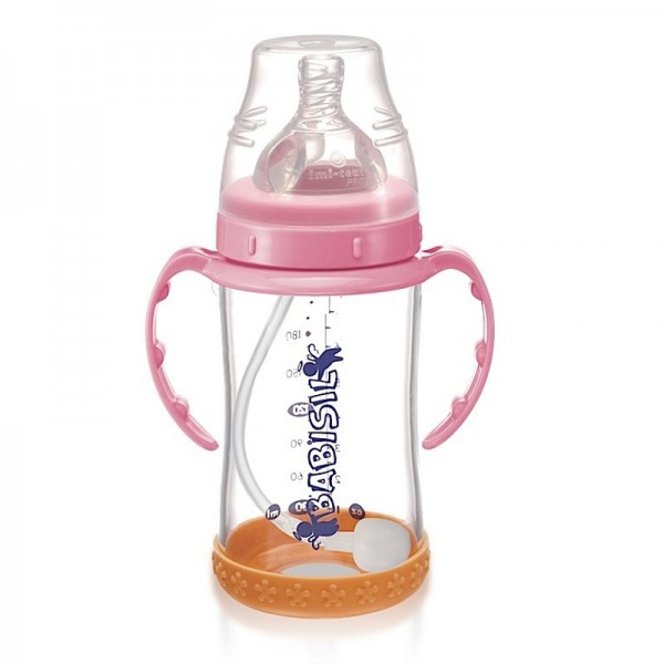Wide-Neck Glass Bottle with Flexi-Straw 240ml - Pink - Babisil - BabyOnline HK