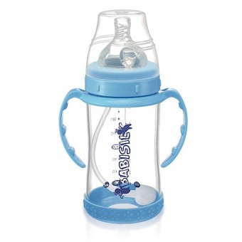 Wide-Neck Glass Bottle with Flexi-Straw 240ml - Light Blue