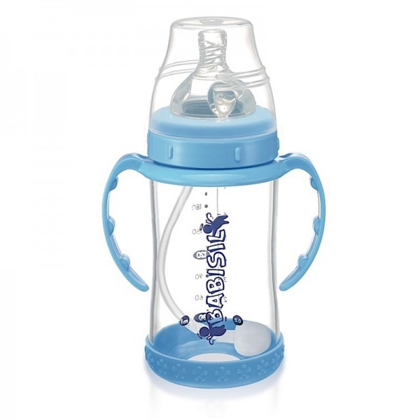 寬口徑吸管玻璃奶瓶 240ml - 粉藍色 - Babisil - BabyOnline HK