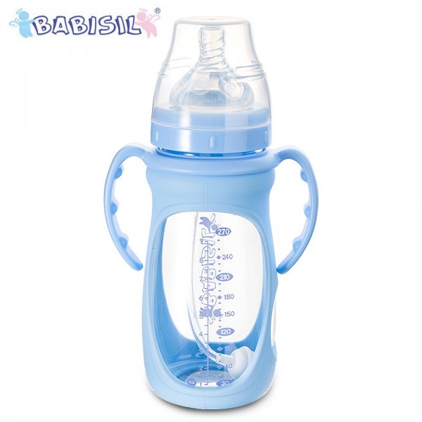 感溫玻璃吸管奶瓶連 矽膠保護套 9oz / 270ml - 藍色 - Babisil - BabyOnline HK