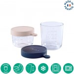 玻璃食物儲存器連蓋 - 兩件裝 (2 x 150ml 粉紅/粉綠 + 2 x 250ml 深藍/灰) - BEABA - BabyOnline HK