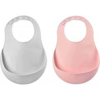 Silicone Bib - Pack of 2 (Old Pink/Light Grey)