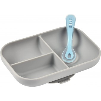Silicone Suction Divided Plate + 2nd Stage Spoon (Grey)