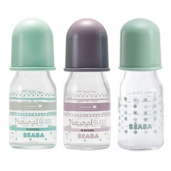 BEABA - Standard Baby Feeding Glass Bottle 110ml (Gipsy) -  Set of 3