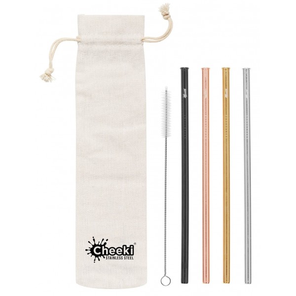 Straight Stainless Steel Straws - Silver, Gold, Rose Gold, Black, Cleaning Brush + Bag - Cheeki - BabyOnline HK