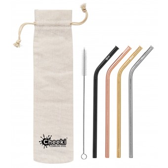 Bent Stainless Steel Straws - Silver, Gold, Rose Gold, Black, Cleaning Brush + Bag