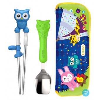 Training Chopsticks, Spoon with Holder - Blue Owl