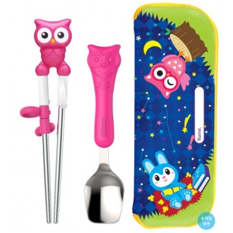 Training Chopsticks, Spoon with Holder - Pink Owl