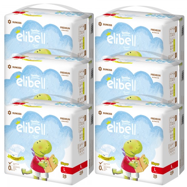 Elibell - Baby Diapers For Sensitive Skin - Size L (28 diapers) - 6 packs - Elibell