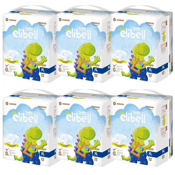 Elibell - Baby Diapers For Sensitive Skin - Size XL (22 diapers) - 6 packs - Elibell