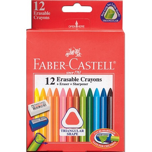 12 Triangular Erasable Crayons + Eraser + Sharpener - Faber Castell - BabyOnline HK