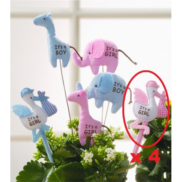 Plush It's a Girl Floral Picks for Baby Showers (四件裝) - 粉紅色鸛 - GUND - BabyOnline HK