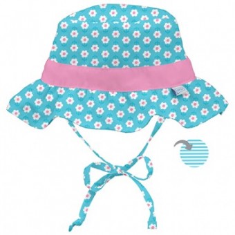 Reversible Ruffle Bucket Sun Protection Hat - Aqua Daisy (9-18 months)