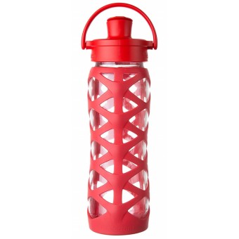 Glass Water Bottle with Active Flip Cap and Silicone Sleeve 650ml - Charged Red