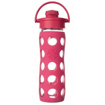 Glass Water Bottle with Flip Cap and Silicone Sleeve 475ml - Raspberry