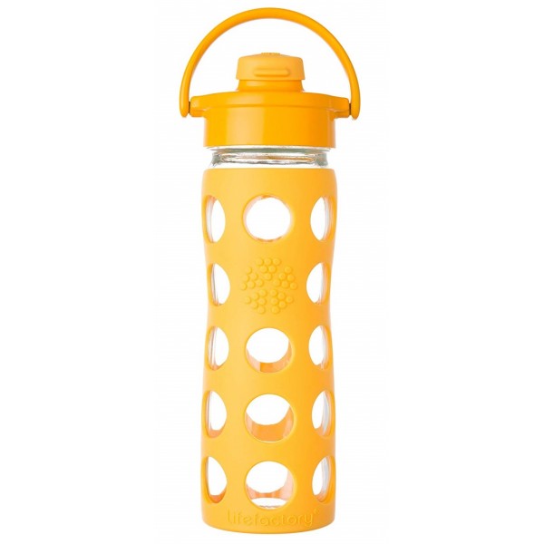 Glass Water Bottle with Flip Cap and Silicone Sleeve 475ml - Collegiate Yellow - LifeFactory - BabyOnline HK