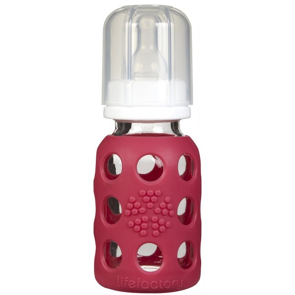 4 oz Glass Baby Bottle with Protective Silicone Sleeve - Raspberry - LifeFactory - BabyOnline HK