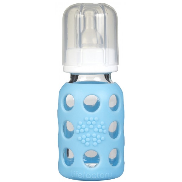 4 oz Glass Baby Bottle with Protective Silicone Sleeve - Sky Blue - LifeFactory - BabyOnline HK