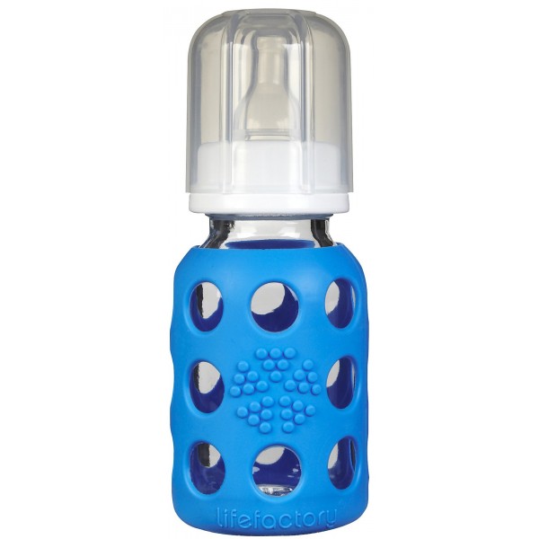 4 oz Glass Baby Bottle with Protective Silicone Sleeve - Blue - LifeFactory - BabyOnline HK