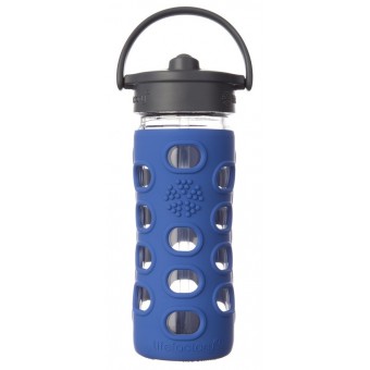 Glass Water Bottle with Straw Cap and Silicone Sleeve 350ml - Cobalt