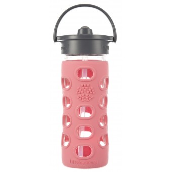 Glass Water Bottle with Straw Cap and Silicone Sleeve 350ml - Coral