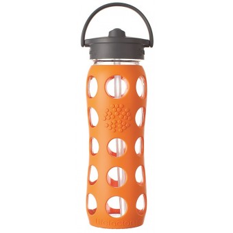 Glass Water Bottle with Straw Cap and Silicone Sleeve 650ml - Orange