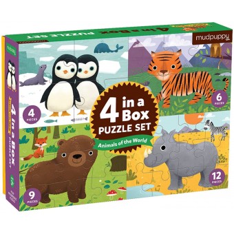 4 in a Box Progressive Puzzle Set - Animals of the World ( 4 + 6 + 9 + 12)