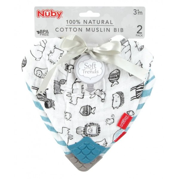 Reversible Cotton Muslin Bandana Bib (Pack of 2) - Doodle Zoo & Blue Stripes - Nuby - BabyOnline HK