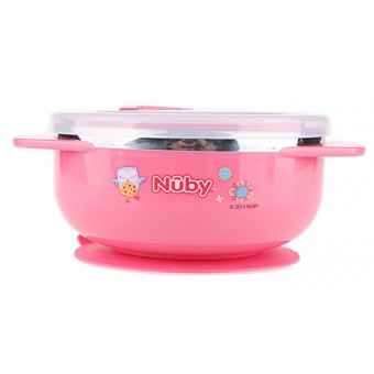 Stainless Steel Suction Bowl with Lid - Pink