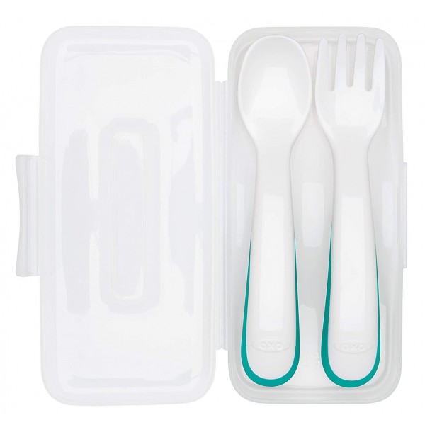 OXO Tot On-the-Go Plastic Fork and Spoon Set with Travel Case - Teal - OXO - BabyOnline HK
