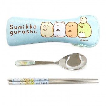 Sumikko Gurashi - Stainless Steel Spoon & Chopstick with Holder Bag (Light Blue)