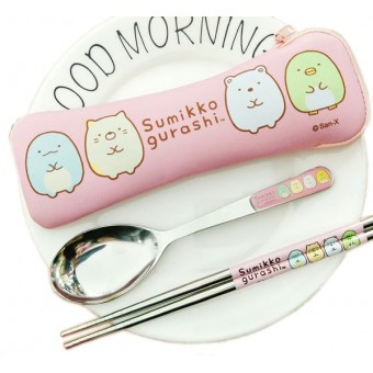 Sumikko Gurashi - Stainless Steel Spoon & Chopstick with Holder Bag (Pink)
