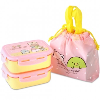 Sumikko Gurashi - Food Container x 2 with Pull-string Bag (Pink)