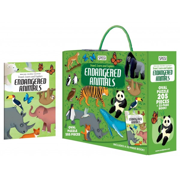 Shaped Puzzle + Book - Travel, Learn and Explore - Endangered Animals - Sassi Junior