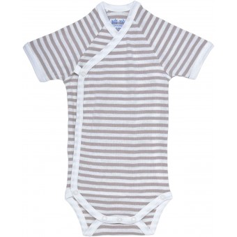 Organic Cotton Side Snap Baby Bodysuit (S/S) - Tan Stripe (0-3M)