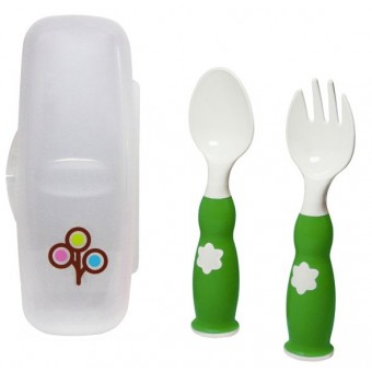 Ergonomic Fork & Spoon Set with Case (Green)